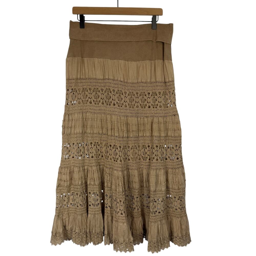 NOELLE Broomstick Tiered Midi/Maxi Skirt Tan L/XL 12-14 Lace Crochet Ruffles